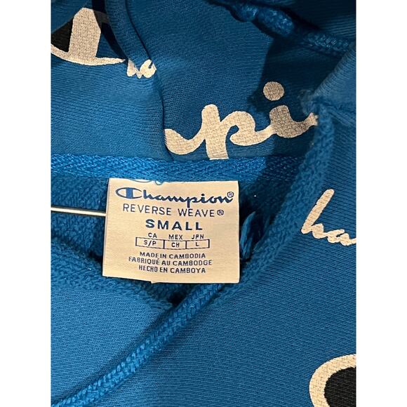 Champion Reverse Weave Blue w Logo Pullover Hoodie Mens S - Picture 3 of 3